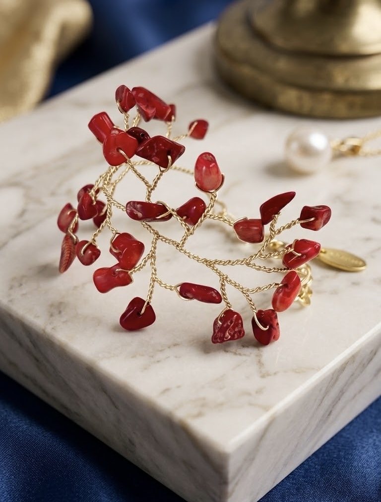 Pulsera de Coral Natural y alambre chapado en Oro 18k